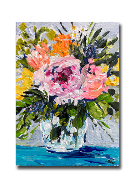 Mini Impressionist Floral Painting "Peony & Thistle" 5" x 7"
