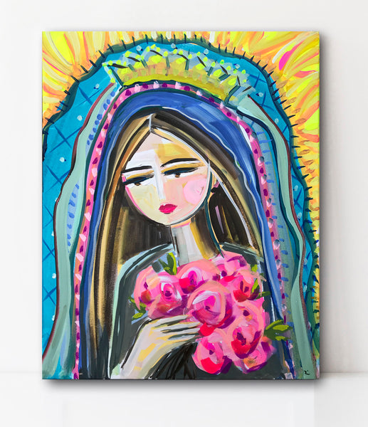 Our Lady of Guadalupe Portrait on Paper or Canvas "Mary with Castilian Roses""