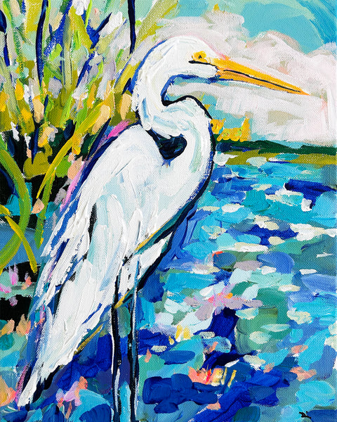 Bird Print on Paper or Canvas, "Egret on Blues"