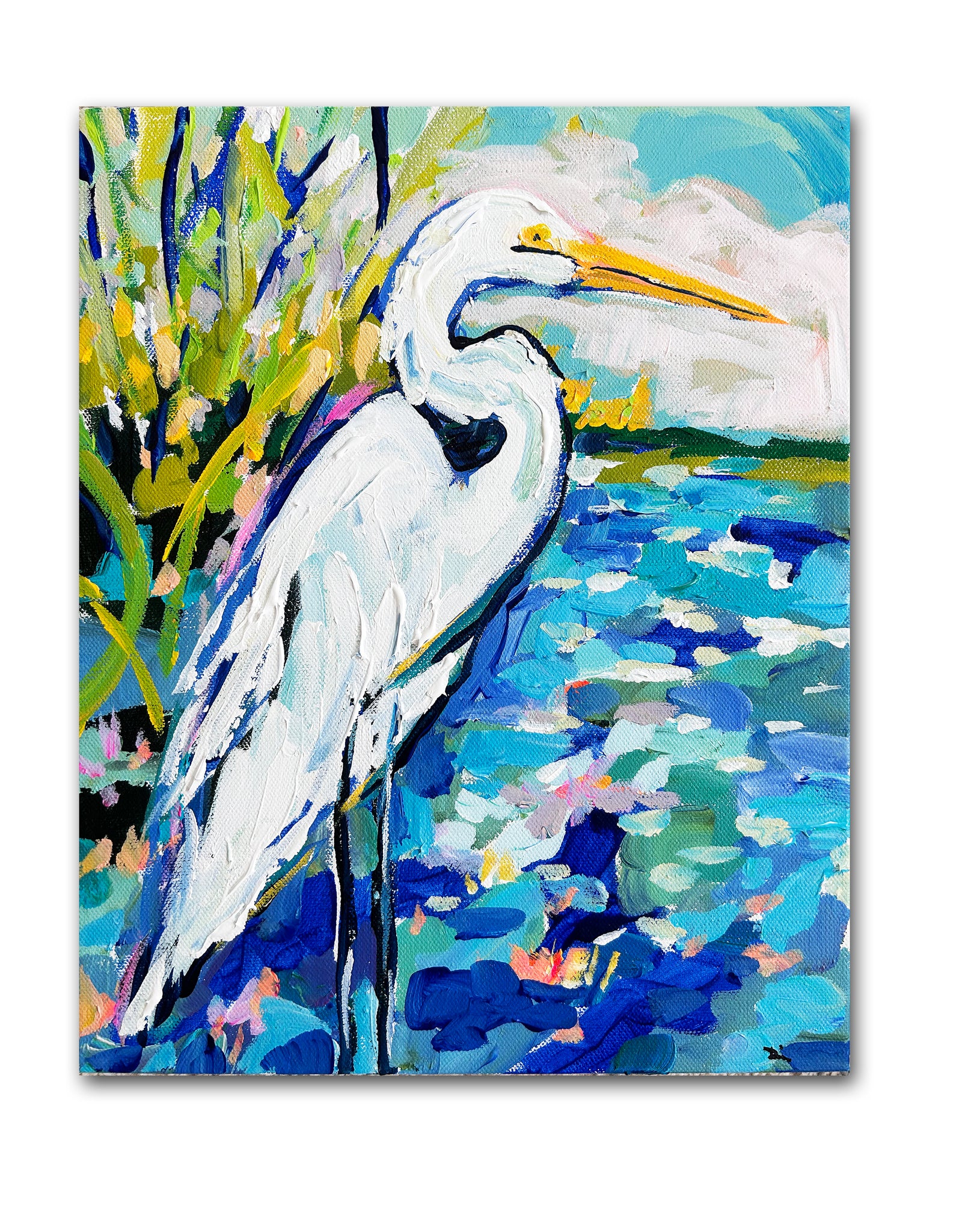 Egret Painting on Canvas "Egret in Blue" 11x14 Maren Devine Art, LLC