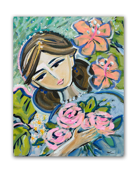 Girl Painting on Canvas "Flowers Daydream" 11" x 14"