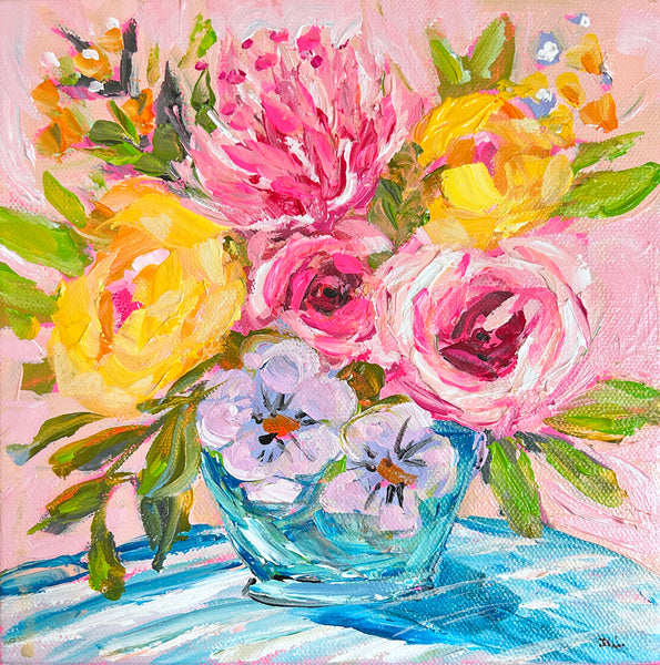 Abstract Flowers Painting on Canvas "Flowers on Pink" 8x8
