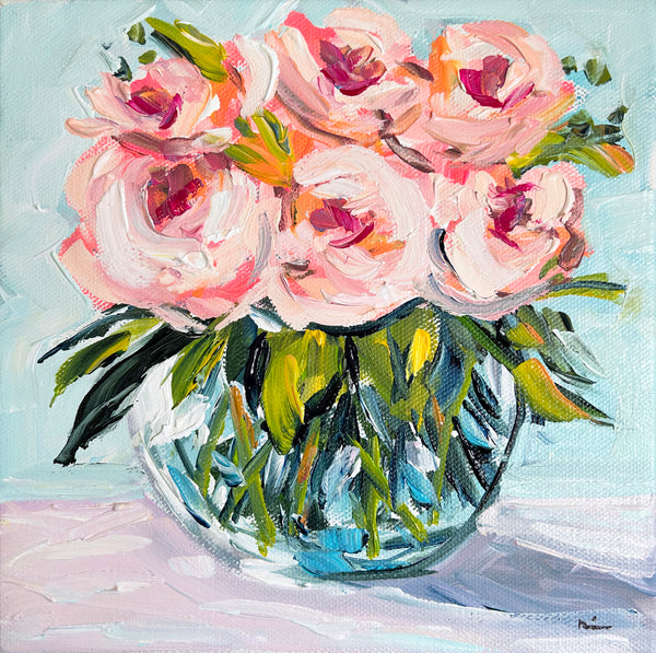 Abstract Flowers Painting on Canvas "Roses on Blues" 8x8