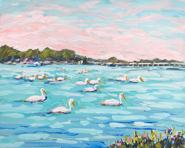 Pelicans Print on Paper or Canvas, "White Pelicans"