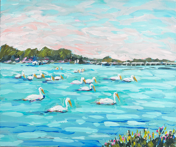 Pelicans Painting on Canvas "White Pelicans" 20" x 24"