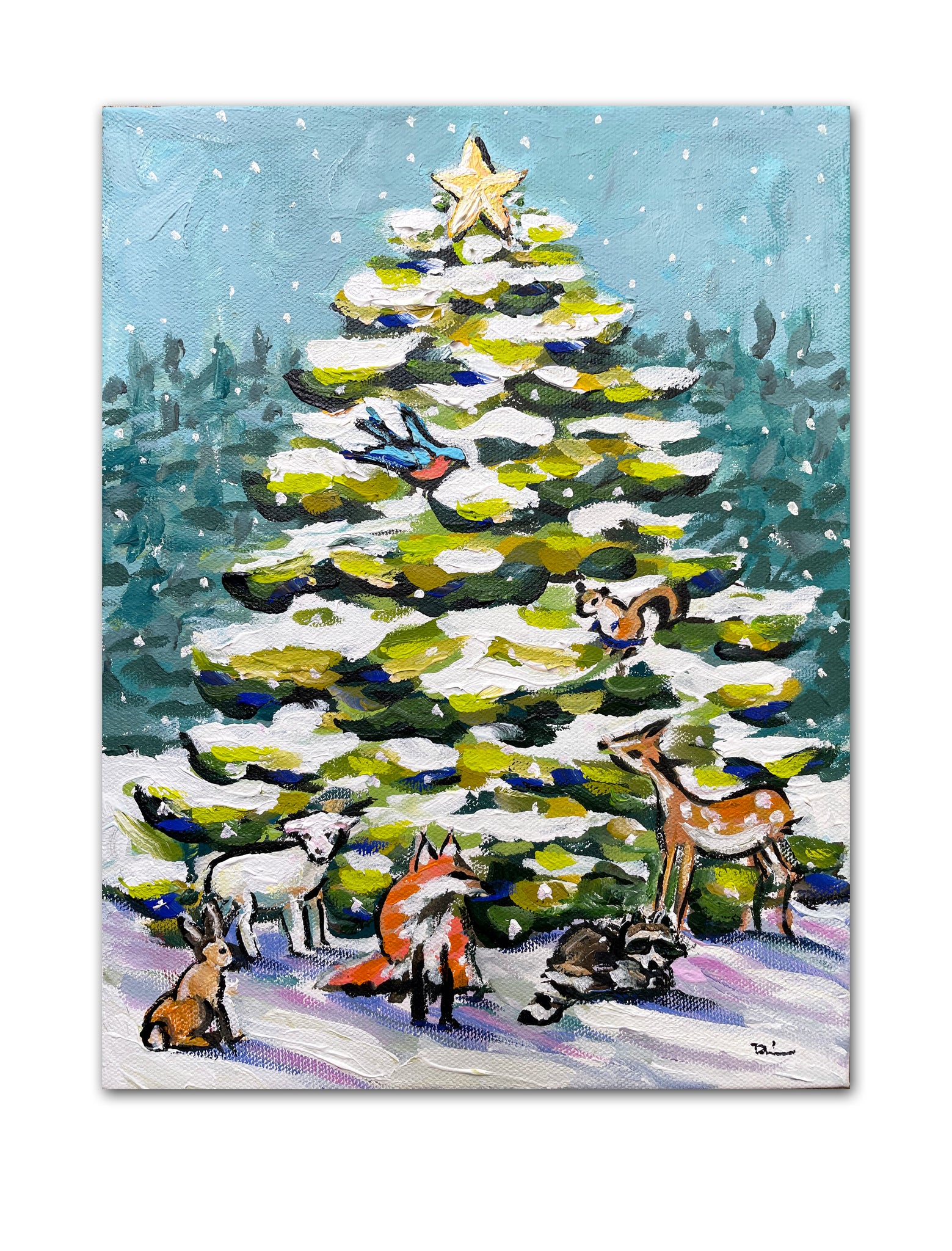 Christmas Tree Painting on Canvas, "Christmas Animals" 9x12 Maren