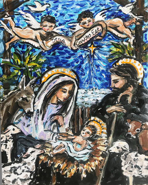 Christmas  PRINT on Paper or Canvas, "Nativity with Angels"