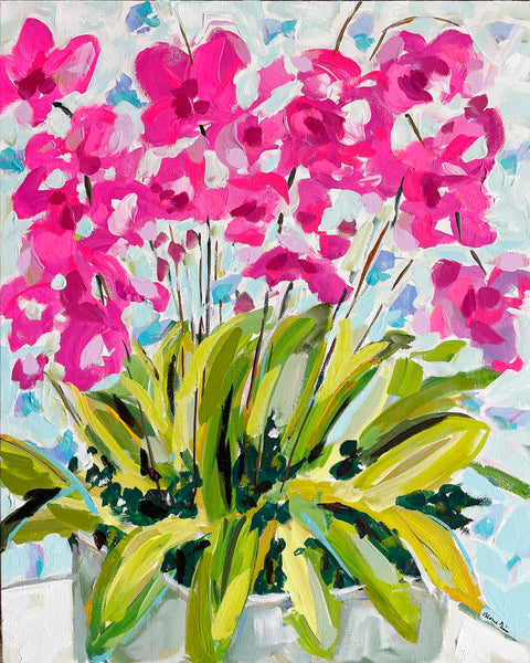 Print of Flowers on Paper or Canvas, "Orchids on Blue"