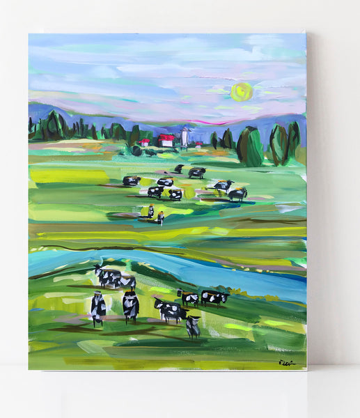 Abstract Farm Print on Paper or Canvas, "Cows at Sunset"