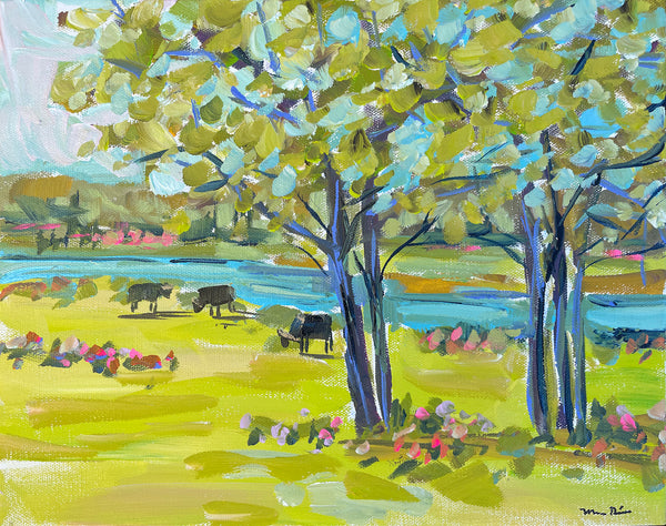 Original Painting on Canvas, "Cows by the Creek" 11" x 14"