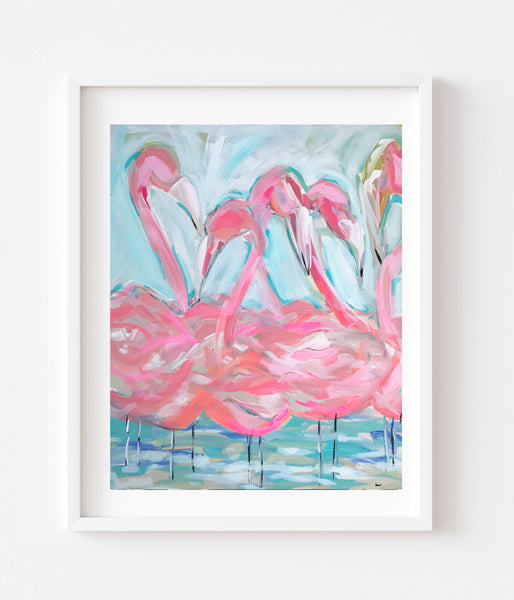 Flamingo Print on paper or canvas, "Flamingos on Blue"