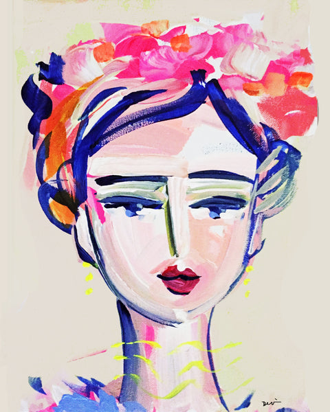 Girl Portrait on Paper or Canvas "Girl with Flowers"