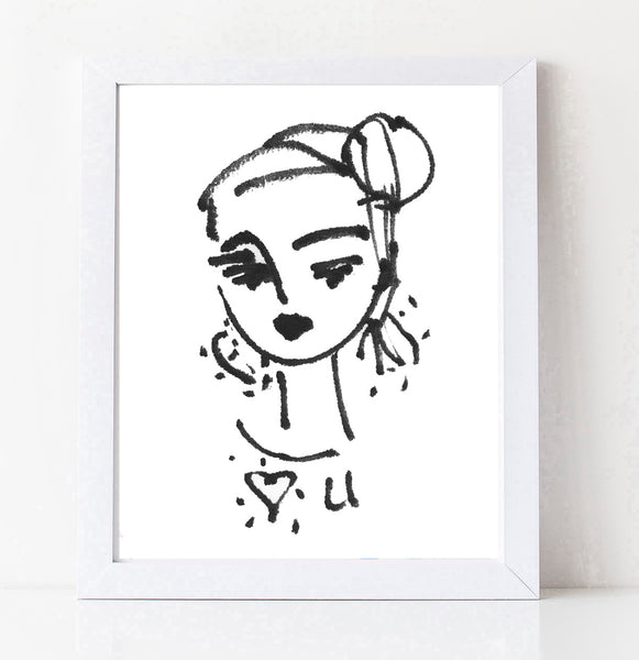 Stylized and Sketchy Girl Portrait PRINT, "Luv U"