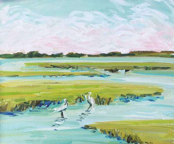 Original Painting on Canvas, "Marsh Egrets" 20" x 24"