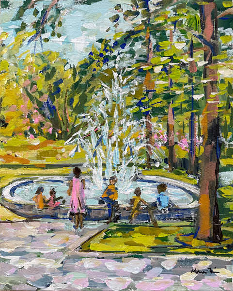 Original Landscape Painting on Canvas Park Fountain 11x14
