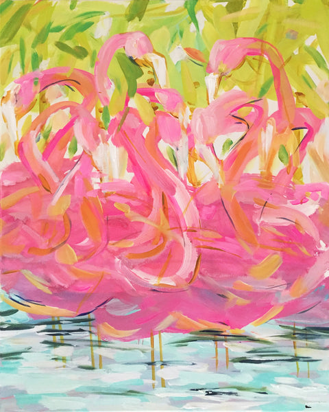 Bird Print on Paper or Canvas, "Pink Flamingos"