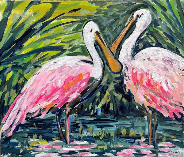 Warrior Girl Painting on Canvas, "Roseate Spoonbills in Water" 20" x 24