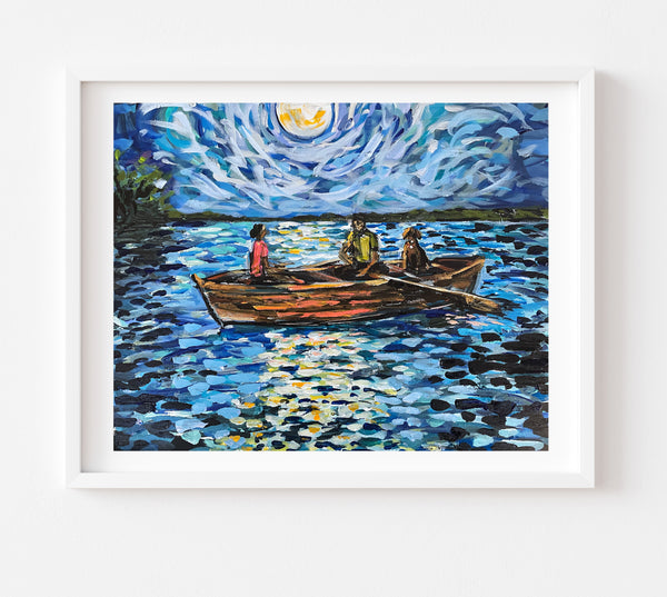 Lake Painting Print on Paper or Canvas "Rowboat in Morning"