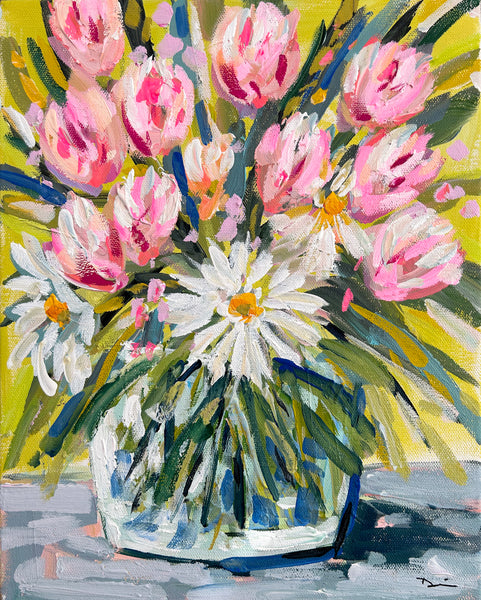 Floral Original Painting on Canvas "Tulips & Daisies" 11x14