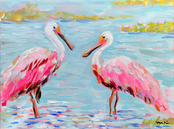 Spoonbill Painting on Canvas, "Two Roseate Spoonbills" 9x12
